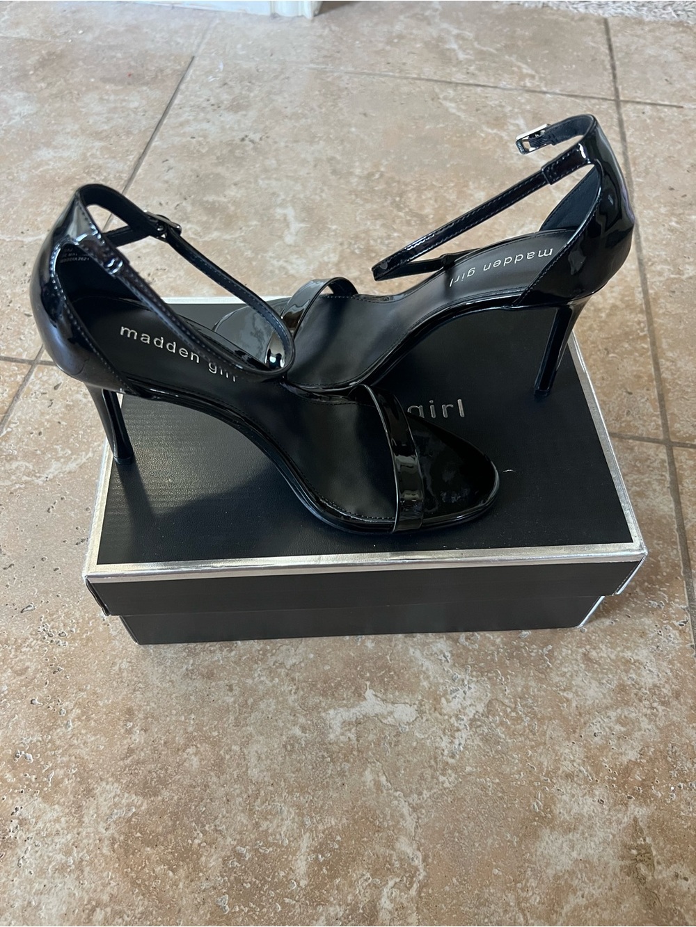 Madden Girl Black Patent Ankle-Strap Stiletto Heels NWT